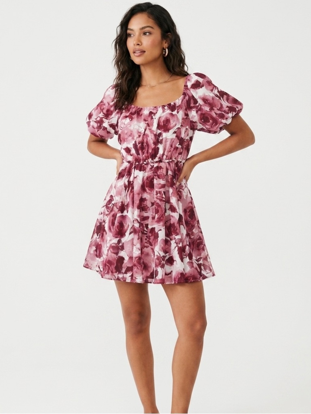 Francesca's Collections Rose-Print Puff Sleeve Mini Dress